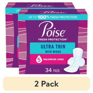 Visit the Poise Store (2 pack) Poise Ultra Thin Incontinence Pads for Women, with Wings, 3 Drop, Maximum Absorbency, Long, 34Ct